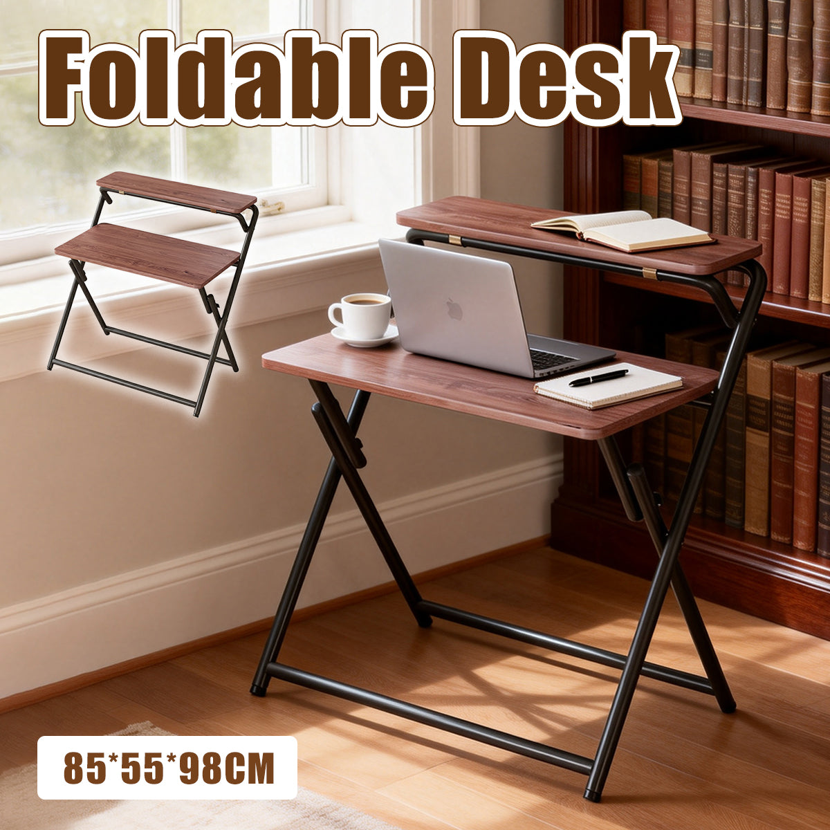 Double Layer Foldable Desk with Metal Frame Study