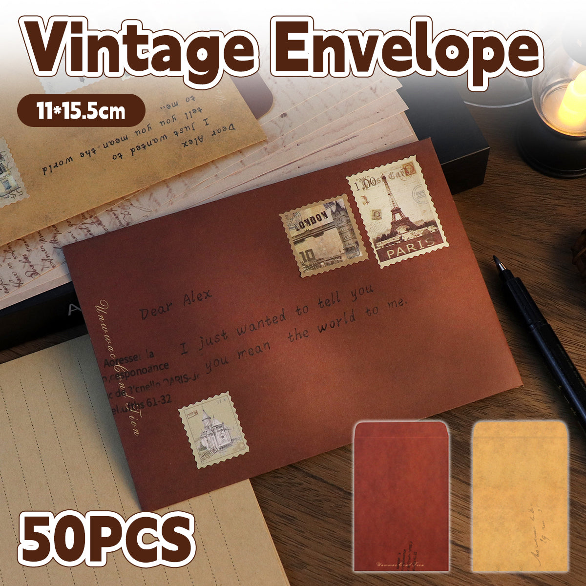 50 Pcs Vintage Kraft Paper Envelopes Self-Adhesive