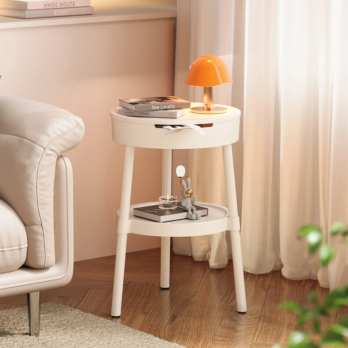 Minimalist Round Side Table with Tissue Box