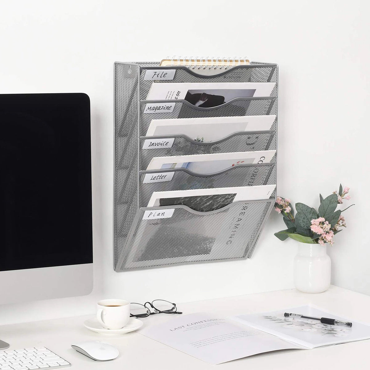 Wall-Mounted 5-Tier Metal Mesh File Organiser Rack