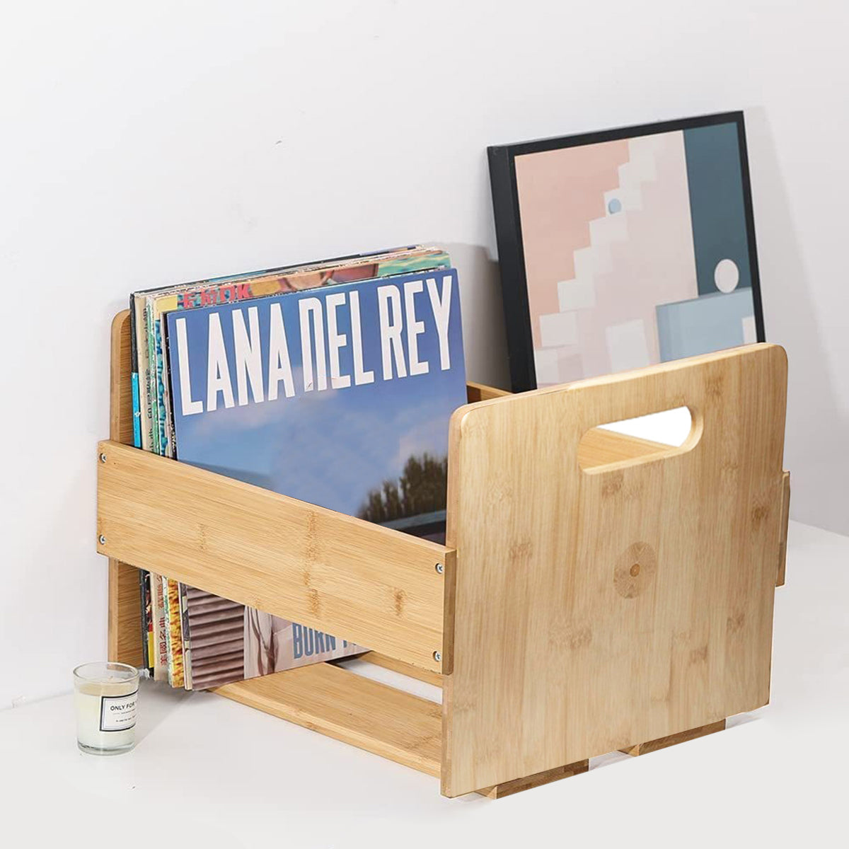 Bamboo Wood Vinyl Record Stand with Carry Handles