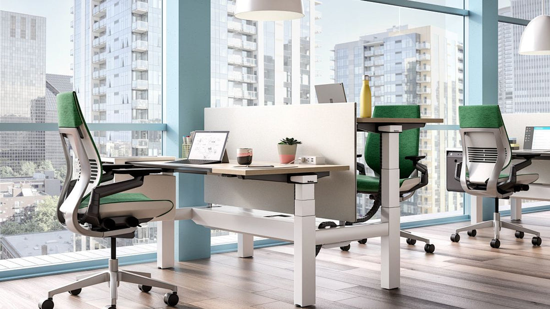 Modern office desks and ergonomic chairs by windows — About Office Goods