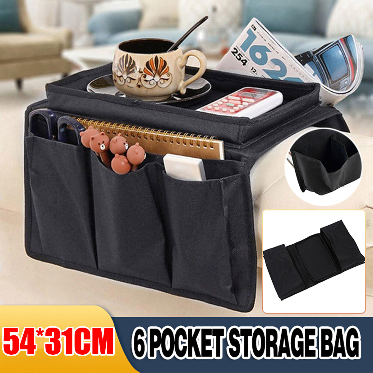 Sofa Arm Organizer with 6 Pockets and Table Top