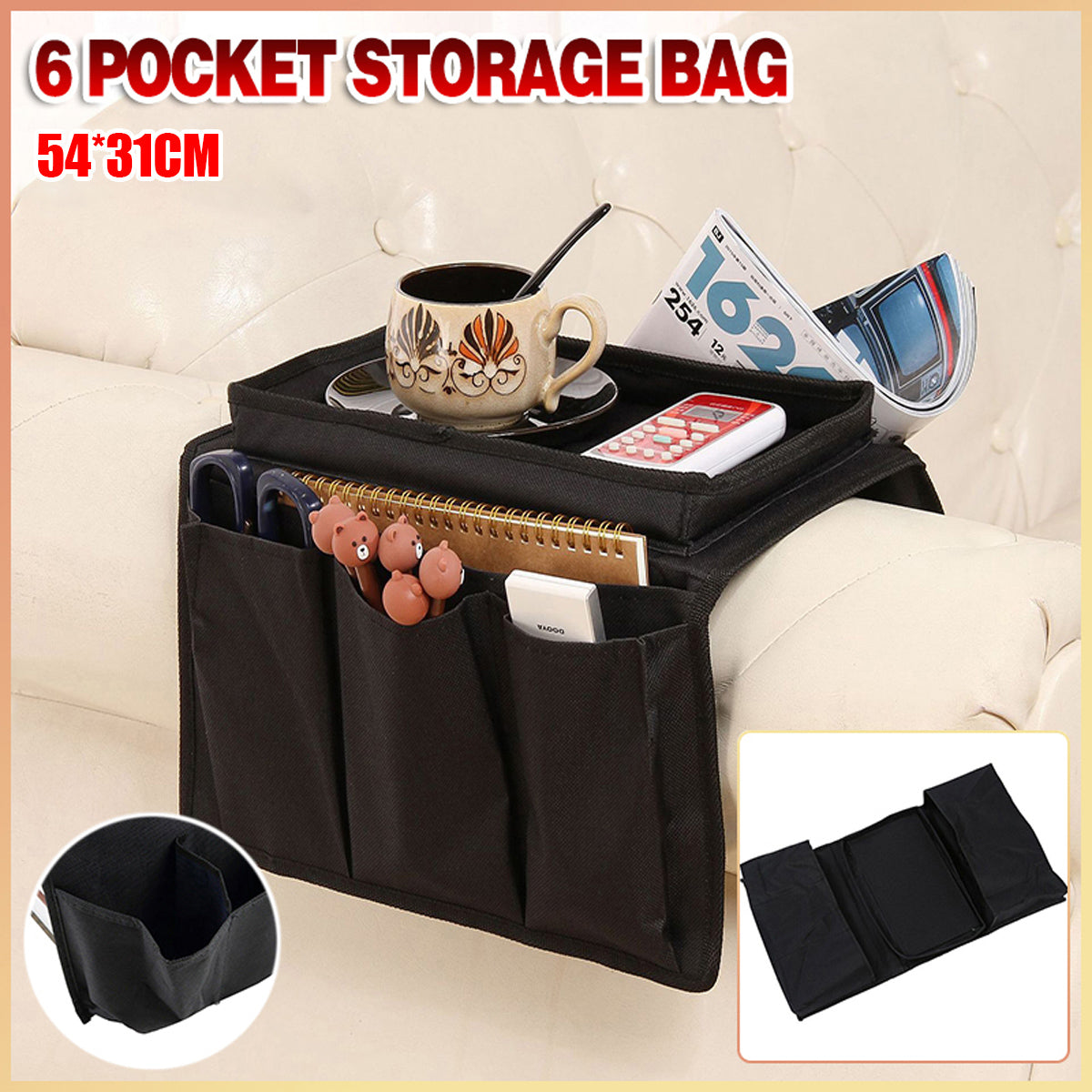 Sofa Arm Organizer with 6 Pockets and Table Top