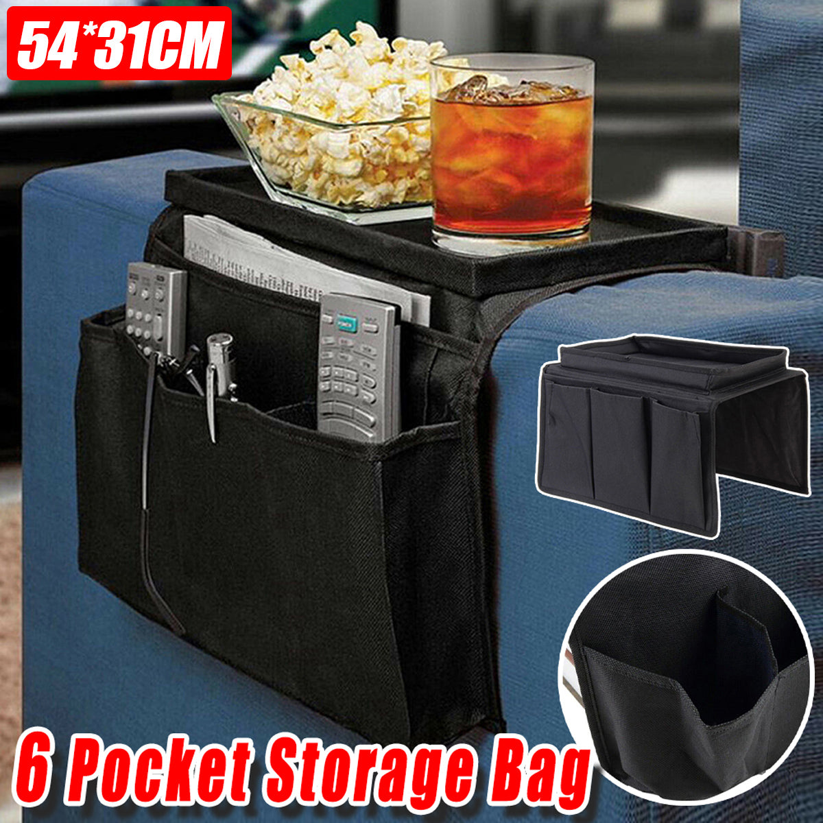 Sofa Arm Organizer with 6 Pockets and Table Top