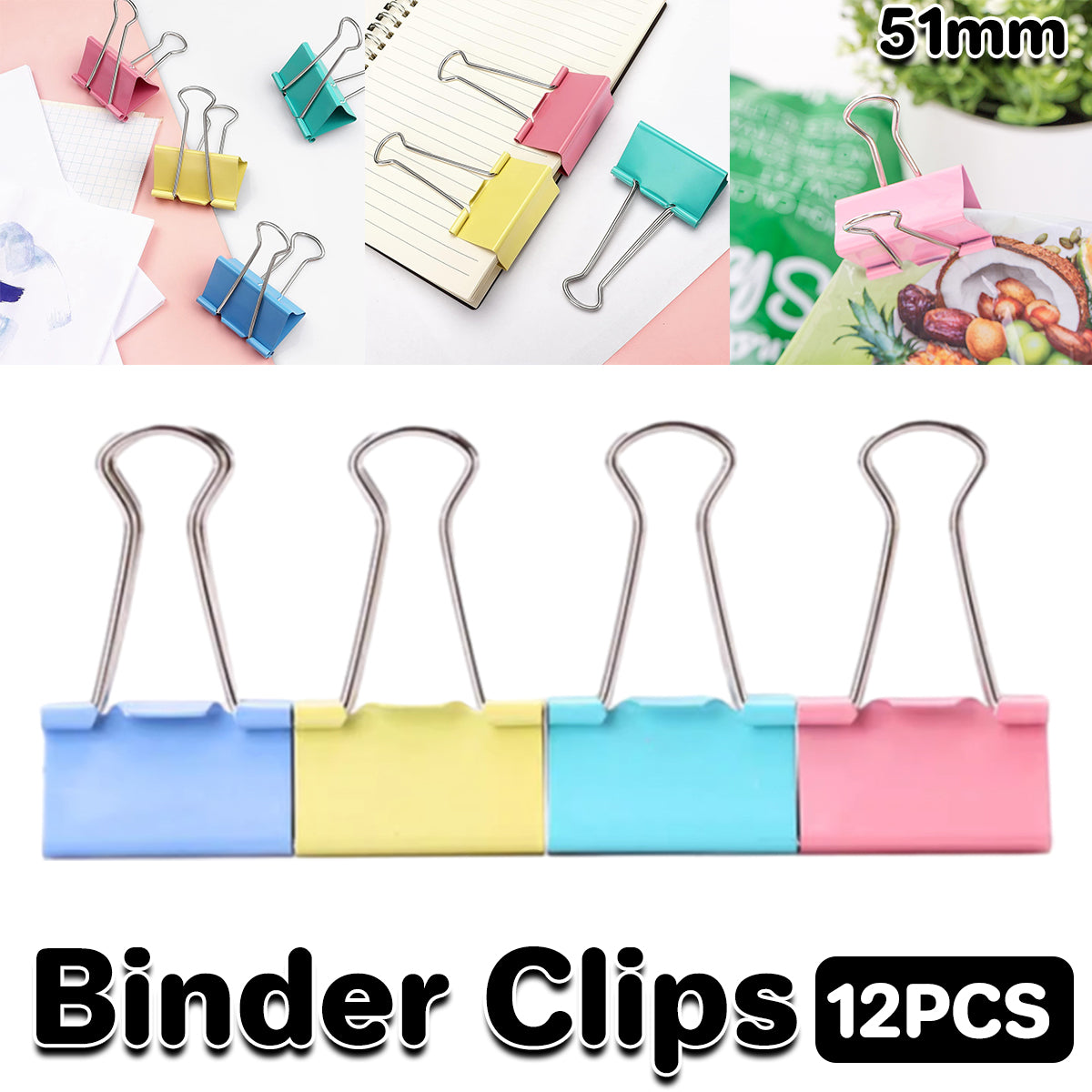 12 Pcs Long Tail Clips Metal 51mm Assorted Colours