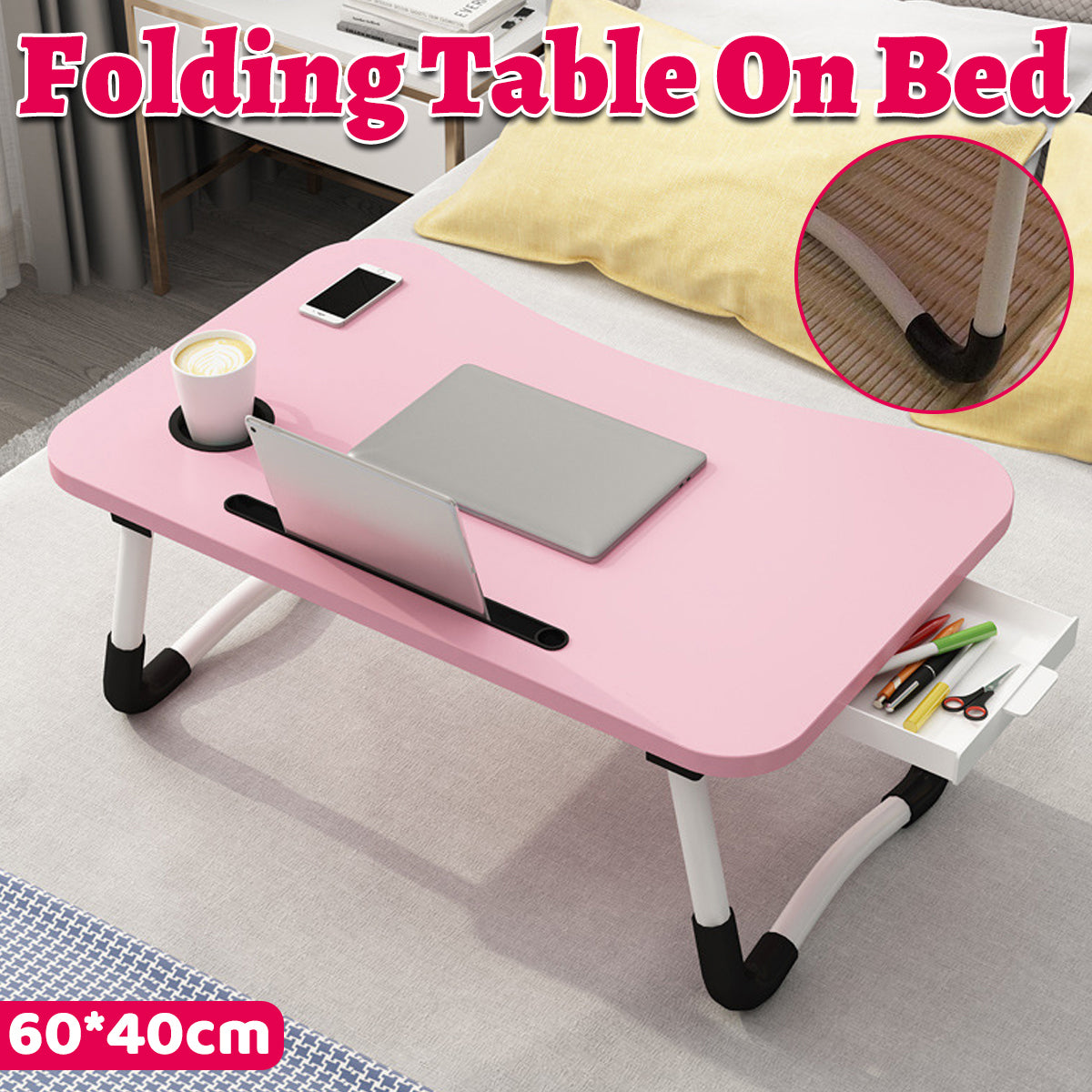 Foldable Overbed Laptop Table with Drawer