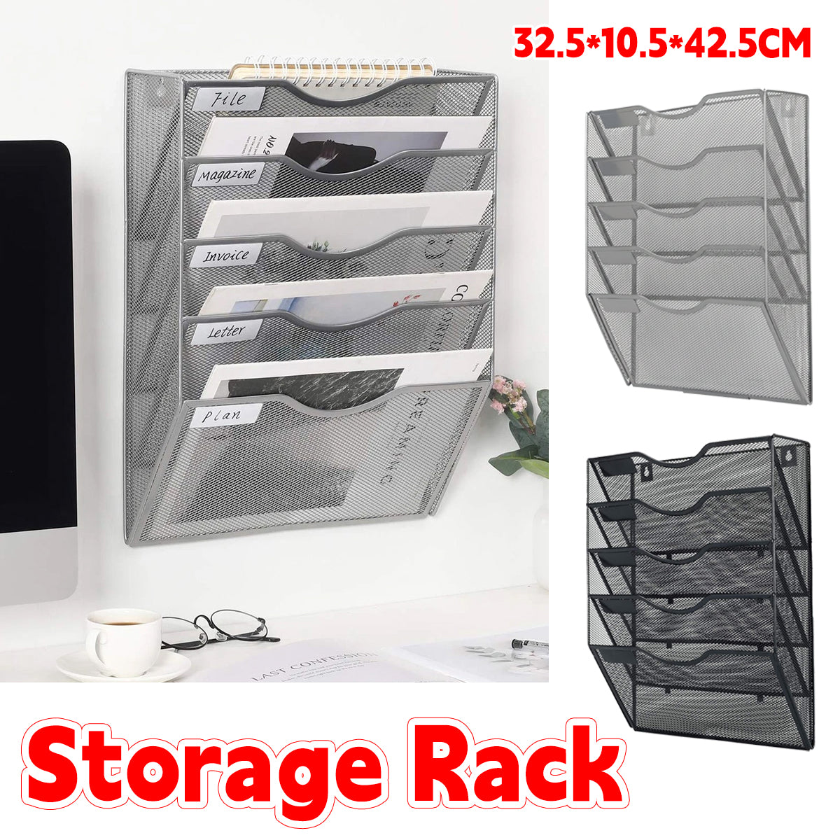Wall-Mounted 5-Tier Metal Mesh File Organiser Rack