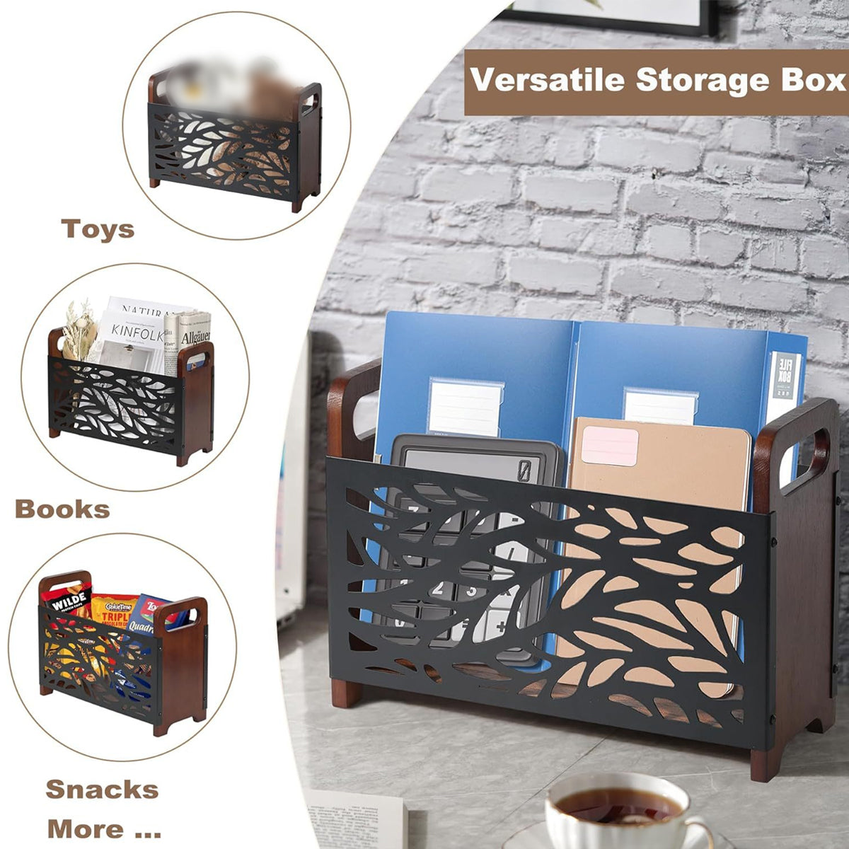 Wooden Magazine Rack with Metal Pattern Panel