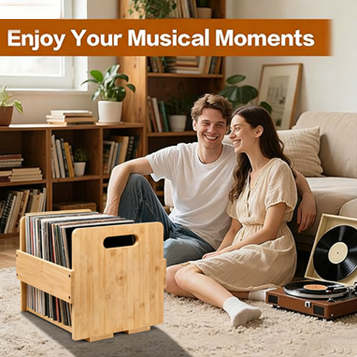 Bamboo Wood Vinyl Record Stand with Carry Handles