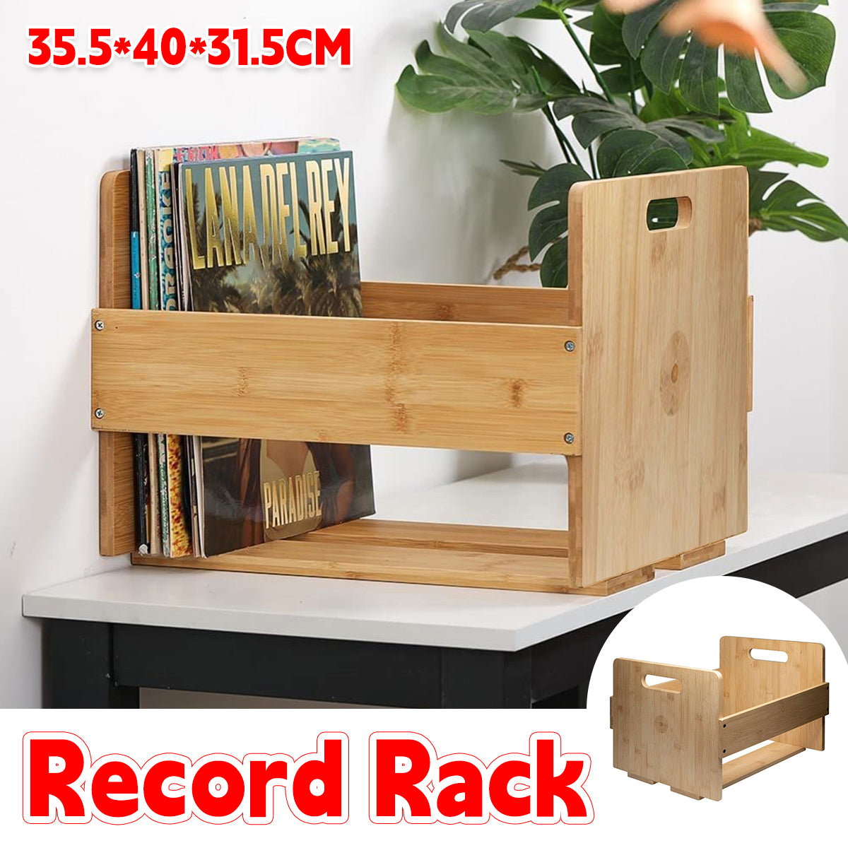 Bamboo Wood Vinyl Record Stand with Carry Handles