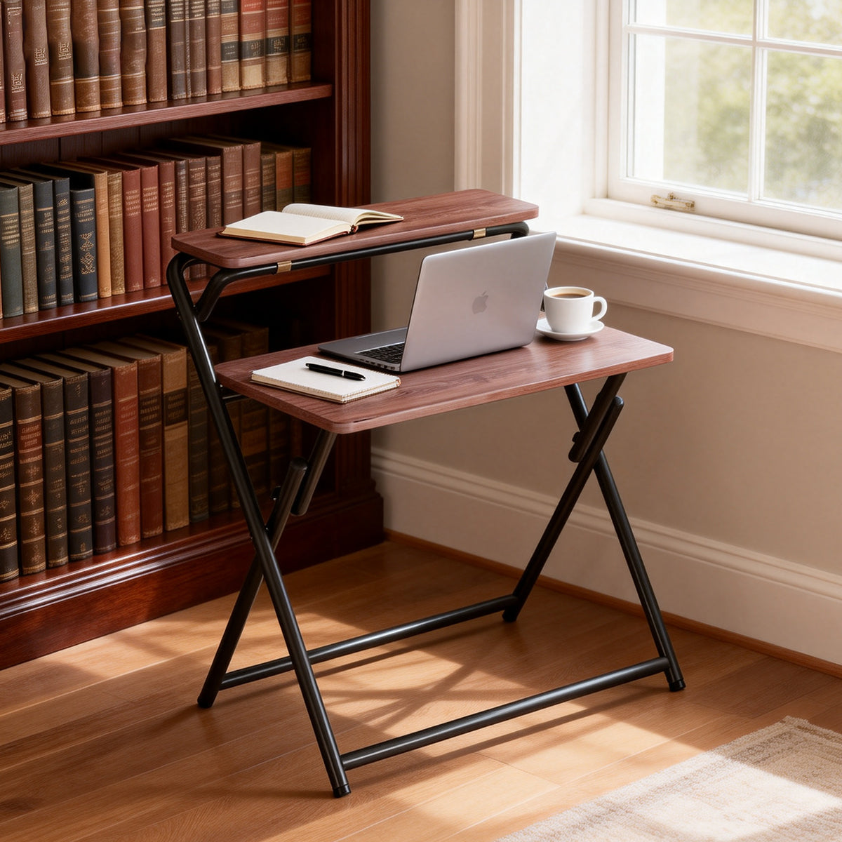 Double Layer Foldable Desk with Metal Frame Study