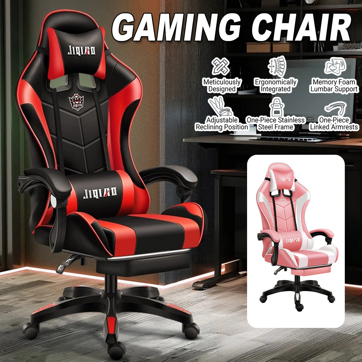 Ergonomic High-Back Gaming Chair Lumbar Headrest