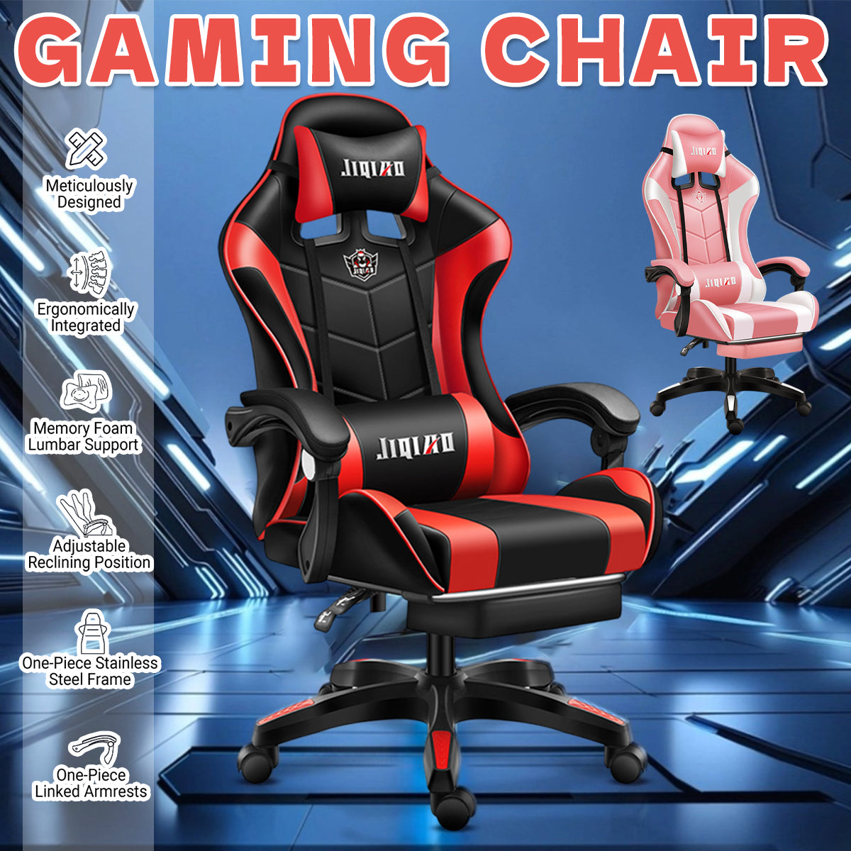Ergonomic High-Back Gaming Chair Lumbar Headrest