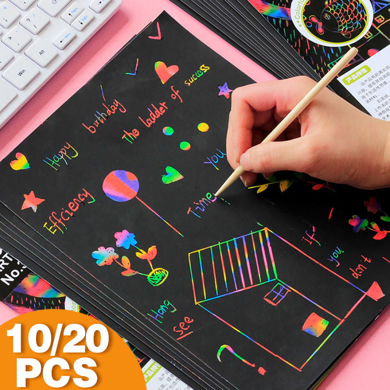 Scratch Paper Rainbow Art Set with Bamboo Pen for Kids
