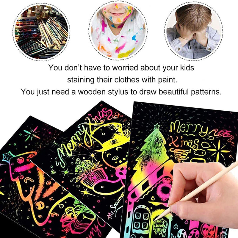 Scratch Paper Rainbow Art Set with Bamboo Pen for Kids