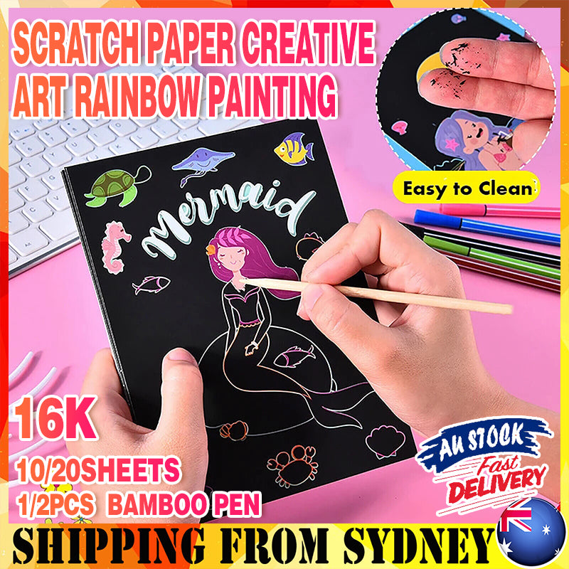 Scratch Paper Rainbow Art Set with Bamboo Pen for Kids