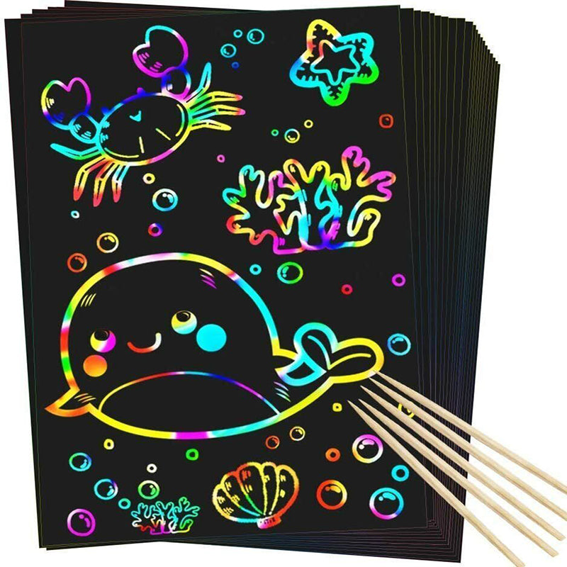 Scratch Paper Rainbow Art Set with Bamboo Pen for Kids