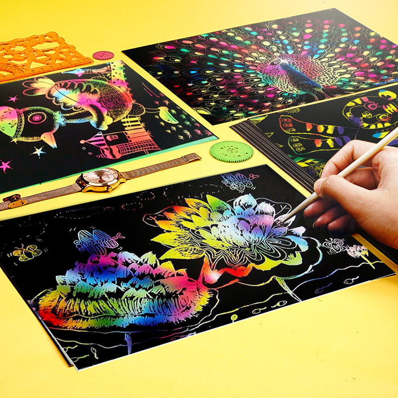 Scratch Paper Rainbow Art Set with Bamboo Pen for Kids