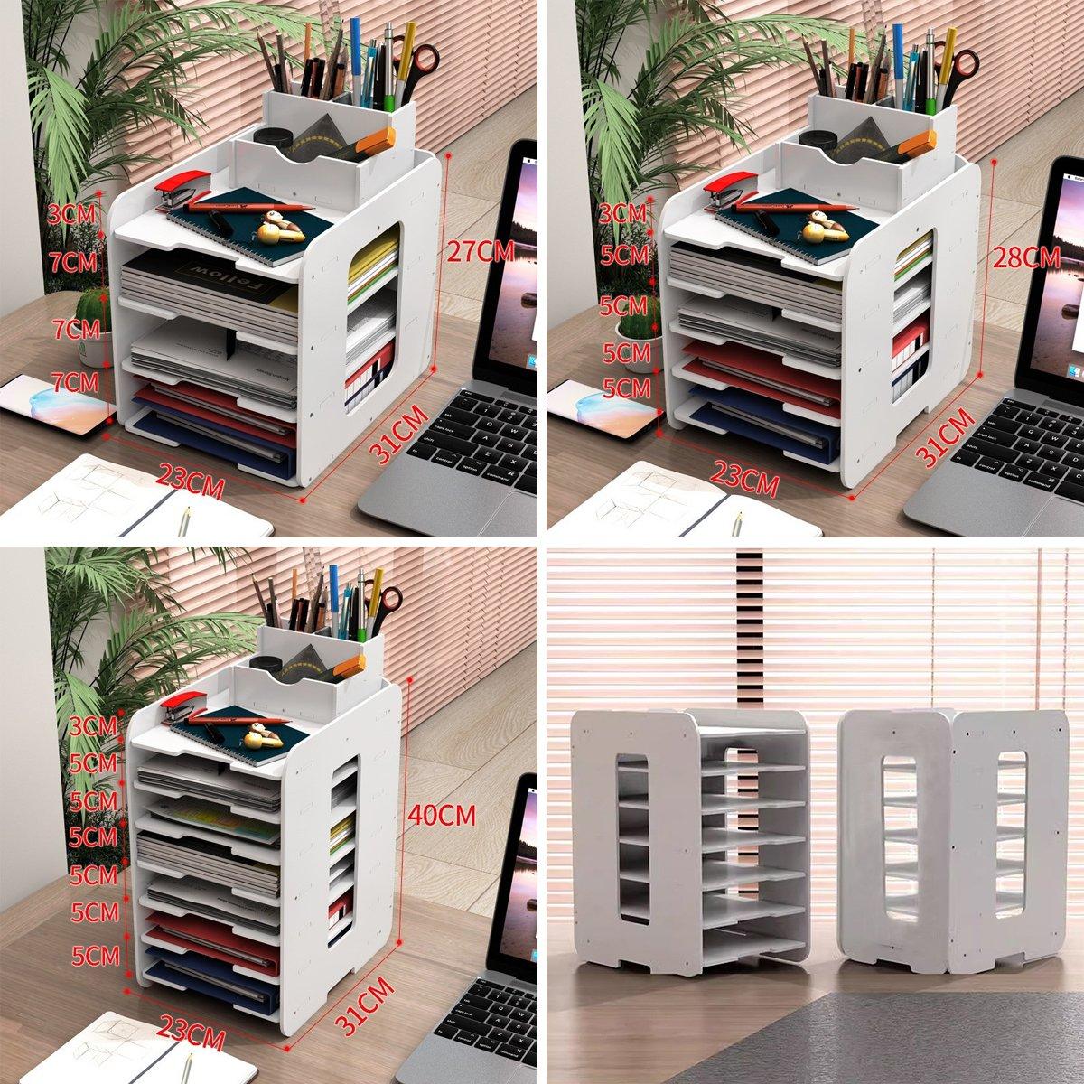 Multi-layer Desktop File Storage Rack with Pen Holder White