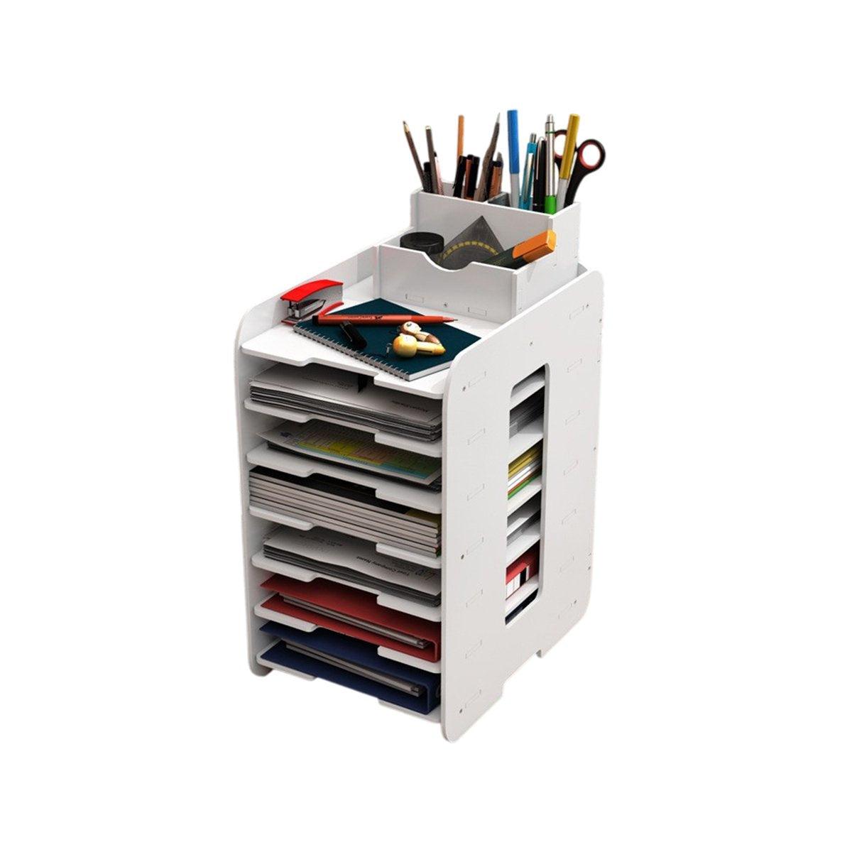 Multi-layer Desktop File Storage Rack with Pen Holder White
