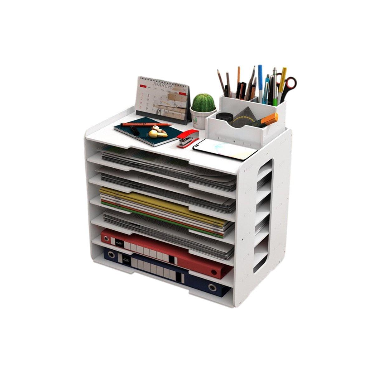 Multi-layer Desktop File Storage Rack with Pen Holder White