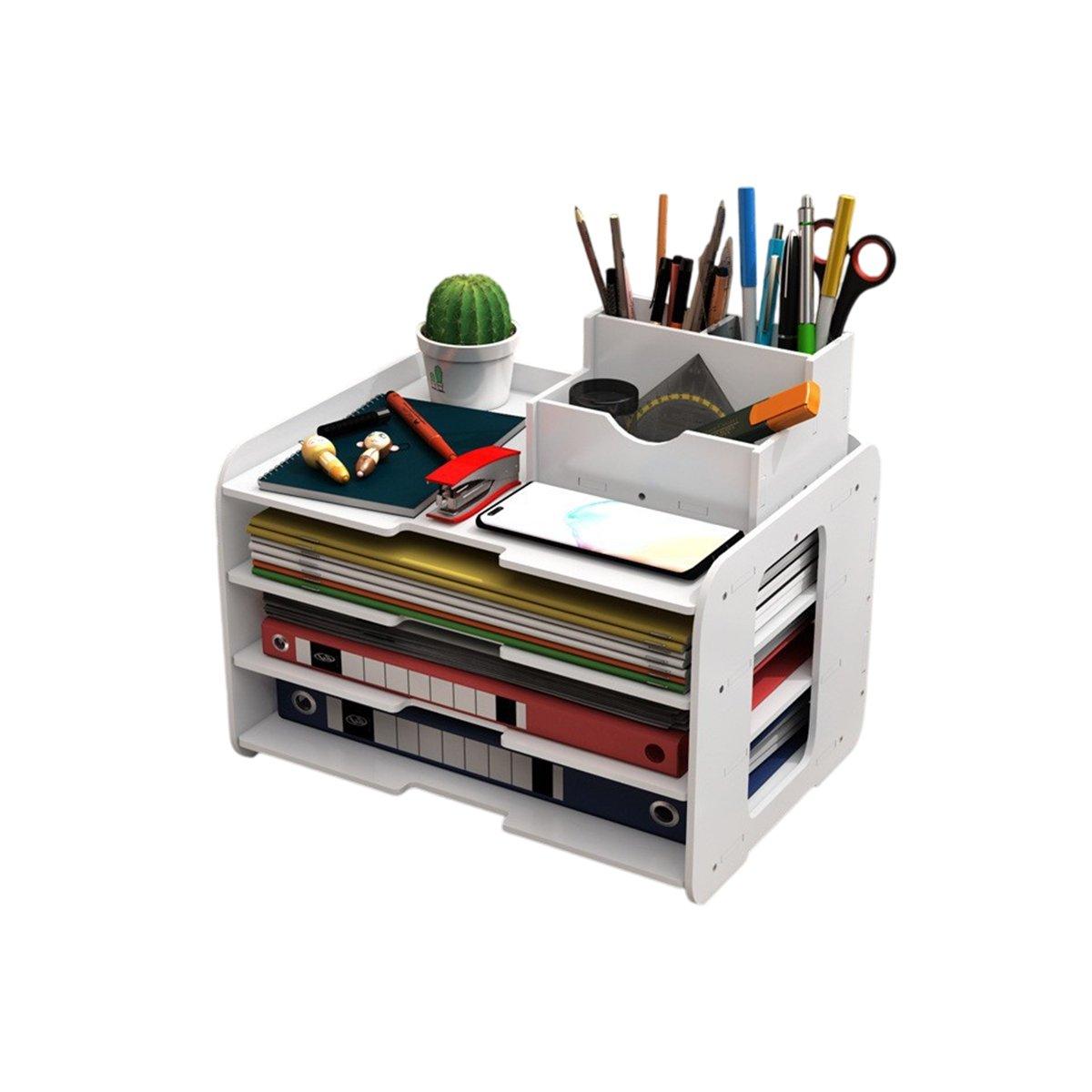 Multi-layer Desktop File Storage Rack with Pen Holder White