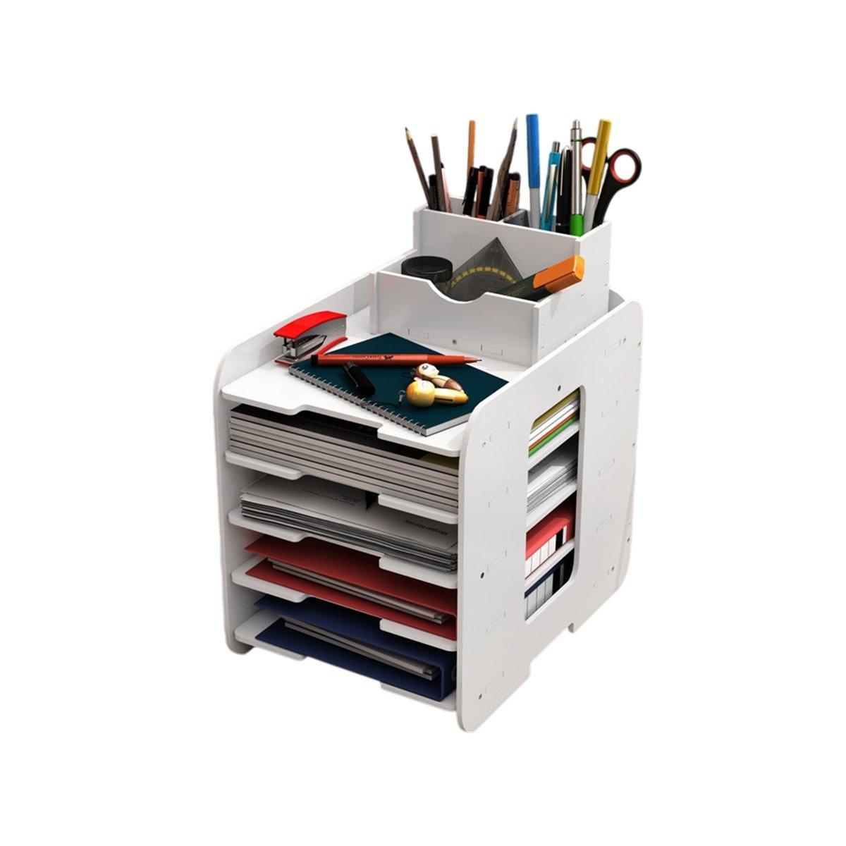 Multi-layer Desktop File Storage Rack with Pen Holder White