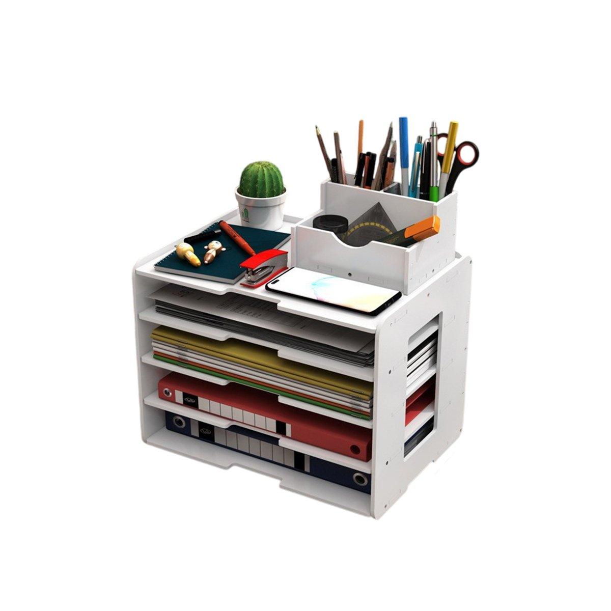Multi-layer Desktop File Storage Rack with Pen Holder White