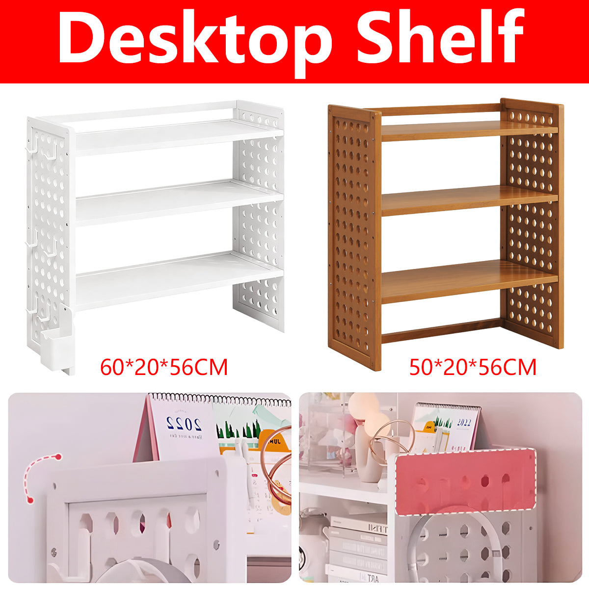 3-Tier Desktop Organizer Shelf Bamboo Adjustable Bookshelf