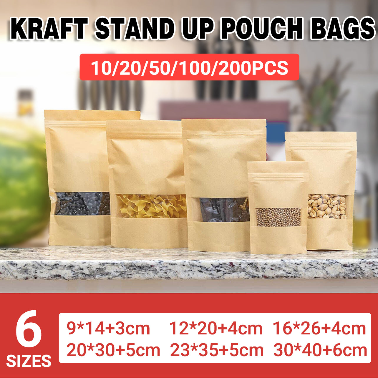 10–200 Pcs Kraft Stand Up Zip Lock Bags with Clear Window