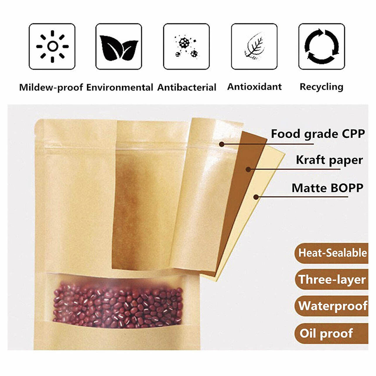 10–200 Pcs Kraft Stand Up Zip Lock Bags with Clear Window