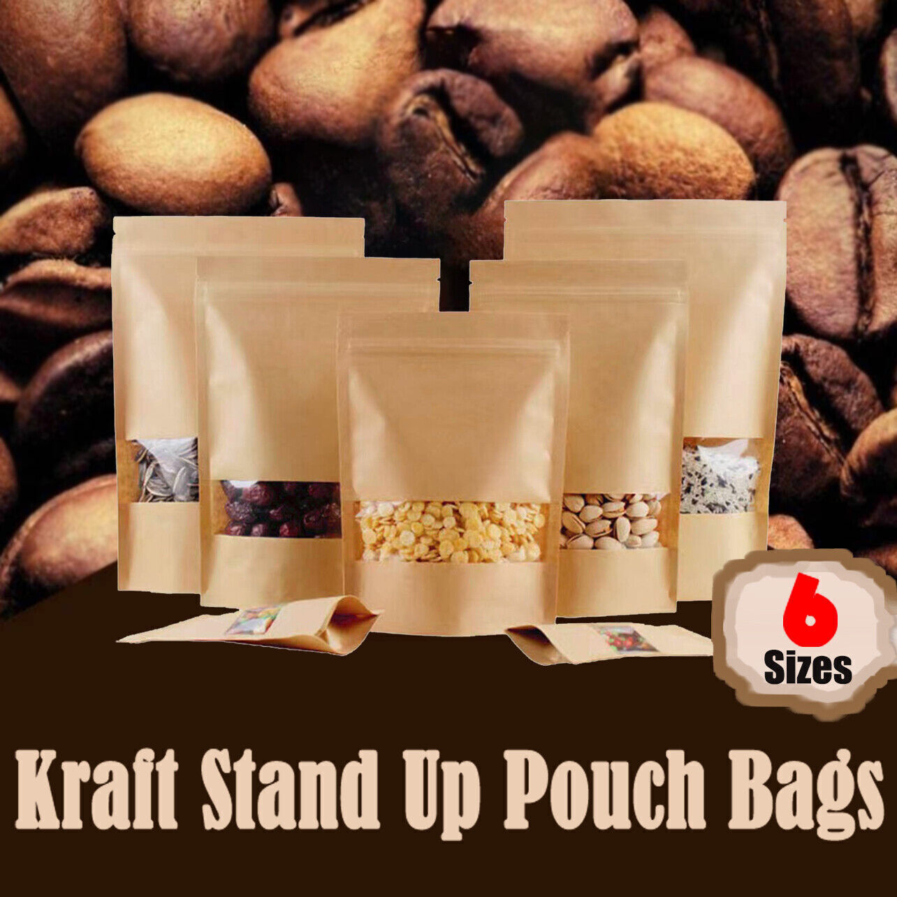 10–200 Pcs Kraft Stand Up Zip Lock Bags with Clear Window