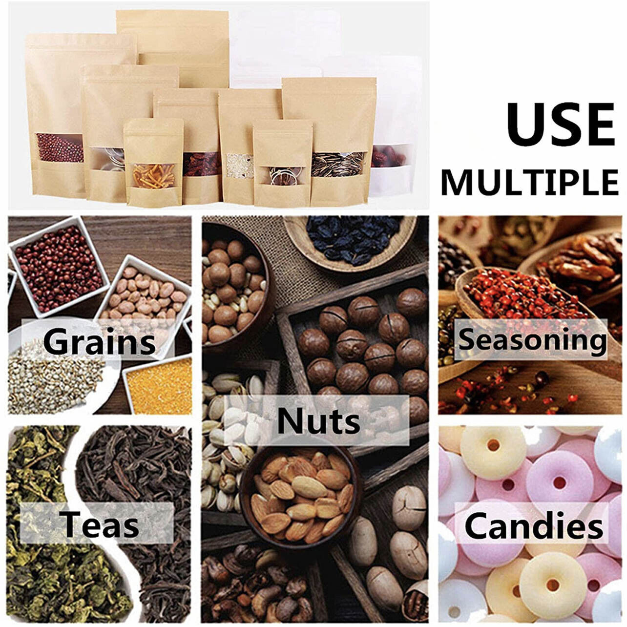 10–200 Pcs Kraft Stand Up Zip Lock Bags with Clear Window