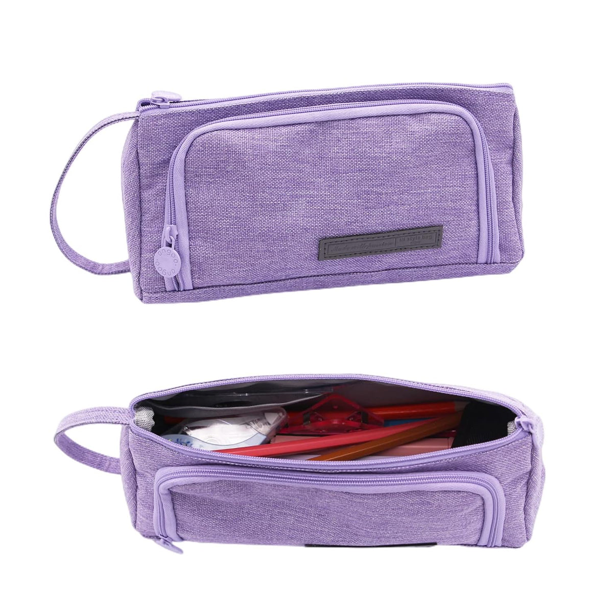 Pencil Case Large Capacity Cotton Linen with Mesh Pockets