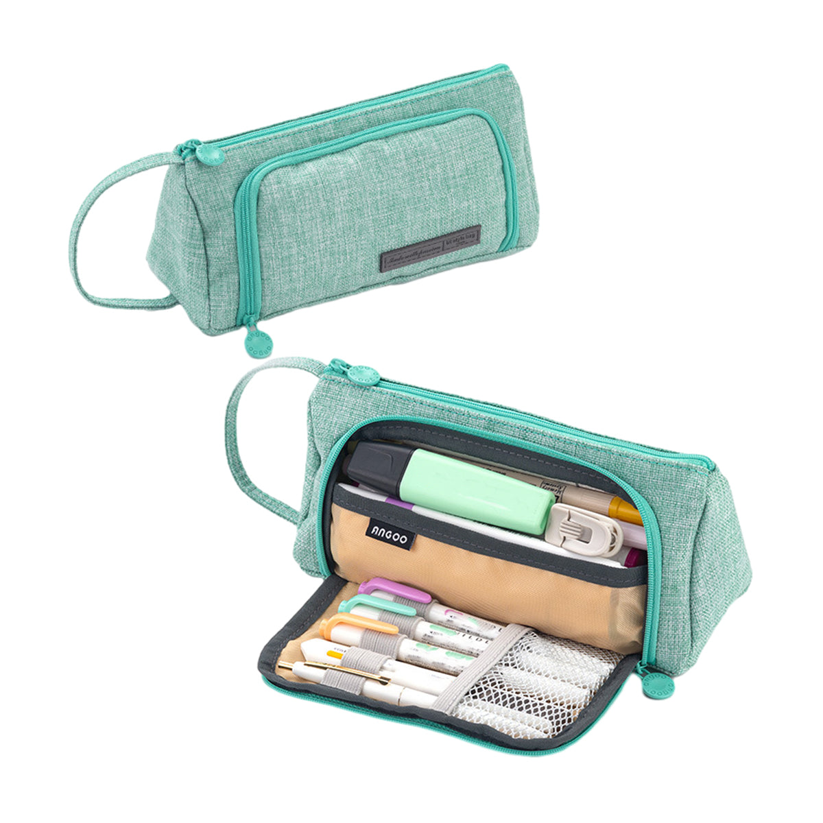 Pencil Case Large Capacity Cotton Linen with Mesh Pockets