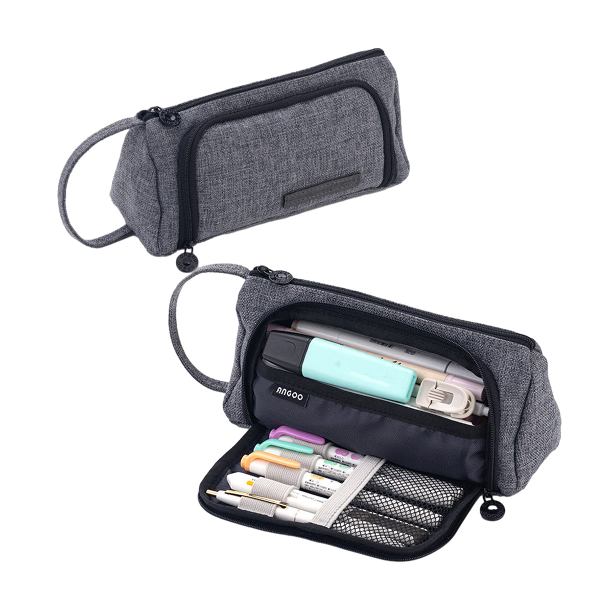 Pencil Case Large Capacity Cotton Linen with Mesh Pockets