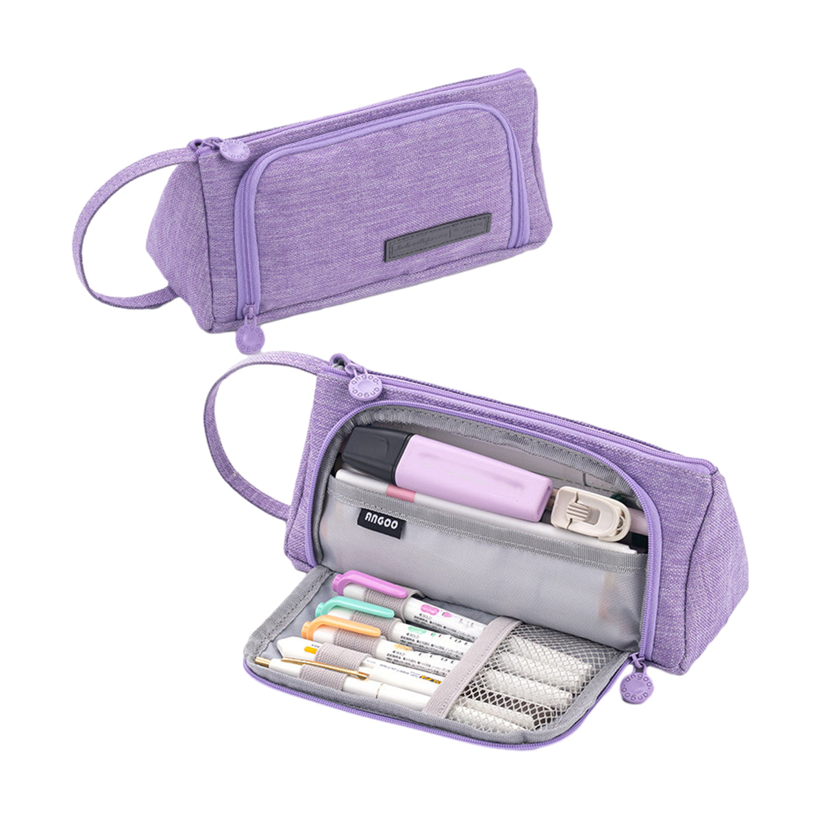 Pencil Case Large Capacity Cotton Linen with Mesh Pockets