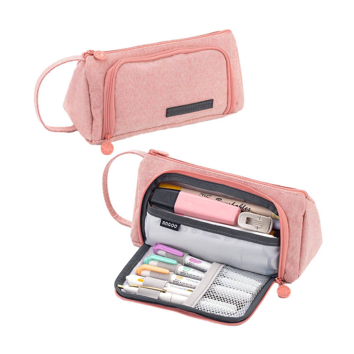 Pencil Case Large Capacity Cotton Linen with Mesh Pockets