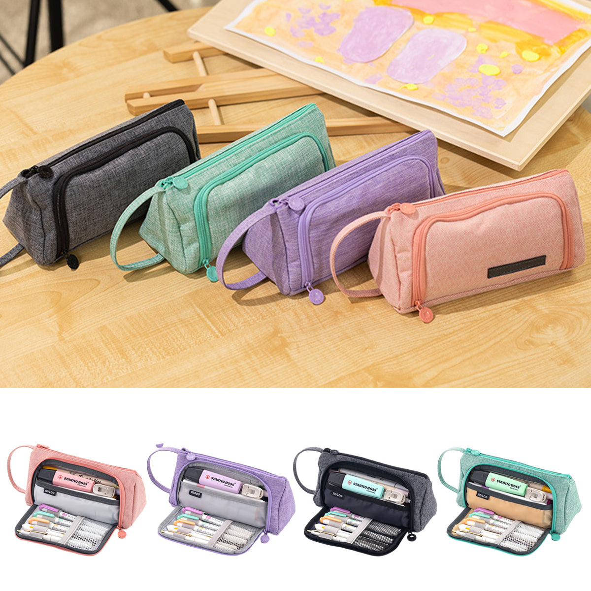 Pencil Case Large Capacity Cotton Linen with Mesh Pockets