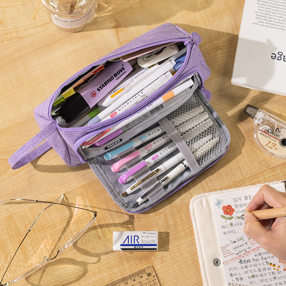 Pencil Case Large Capacity Cotton Linen with Mesh Pockets