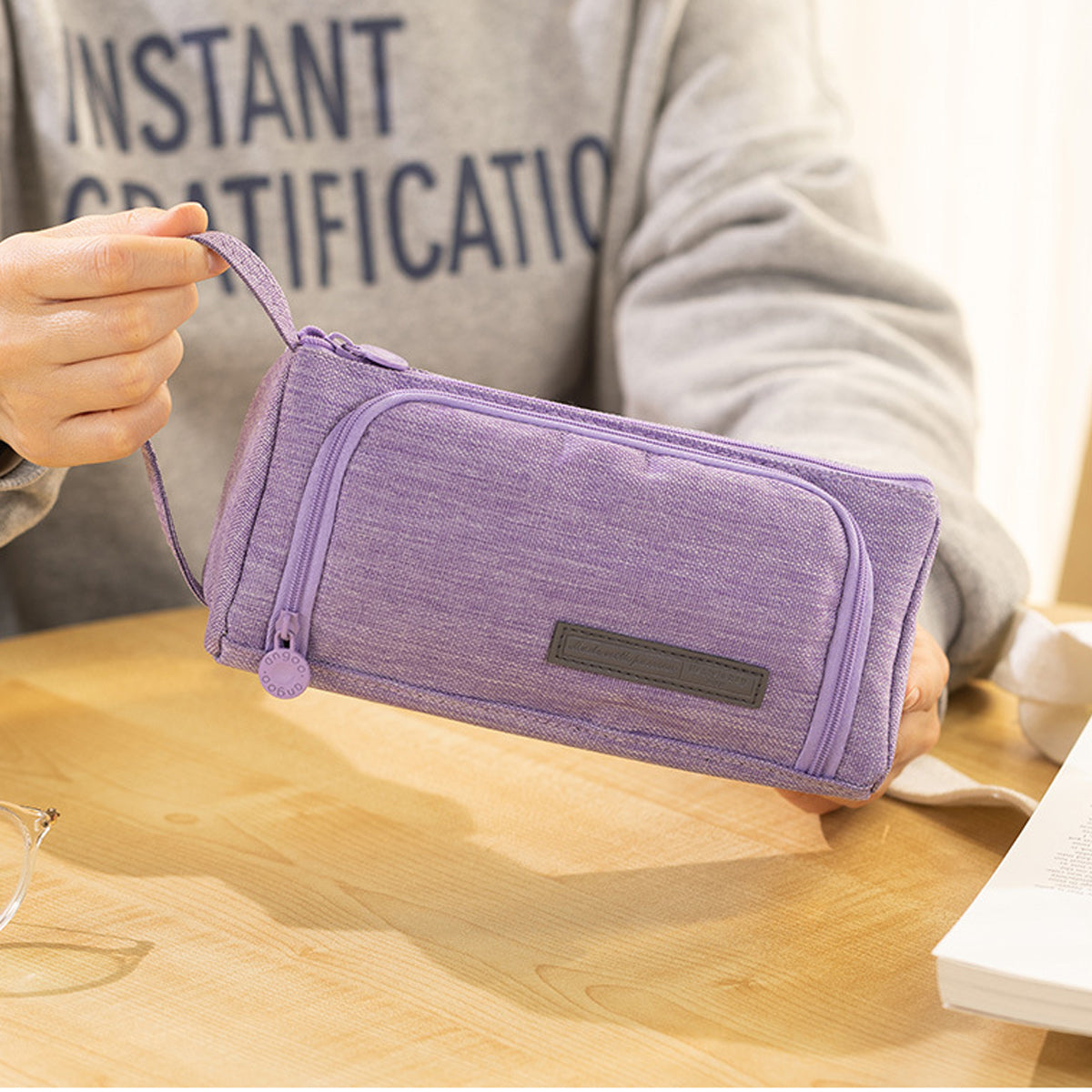 Pencil Case Large Capacity Cotton Linen with Mesh Pockets