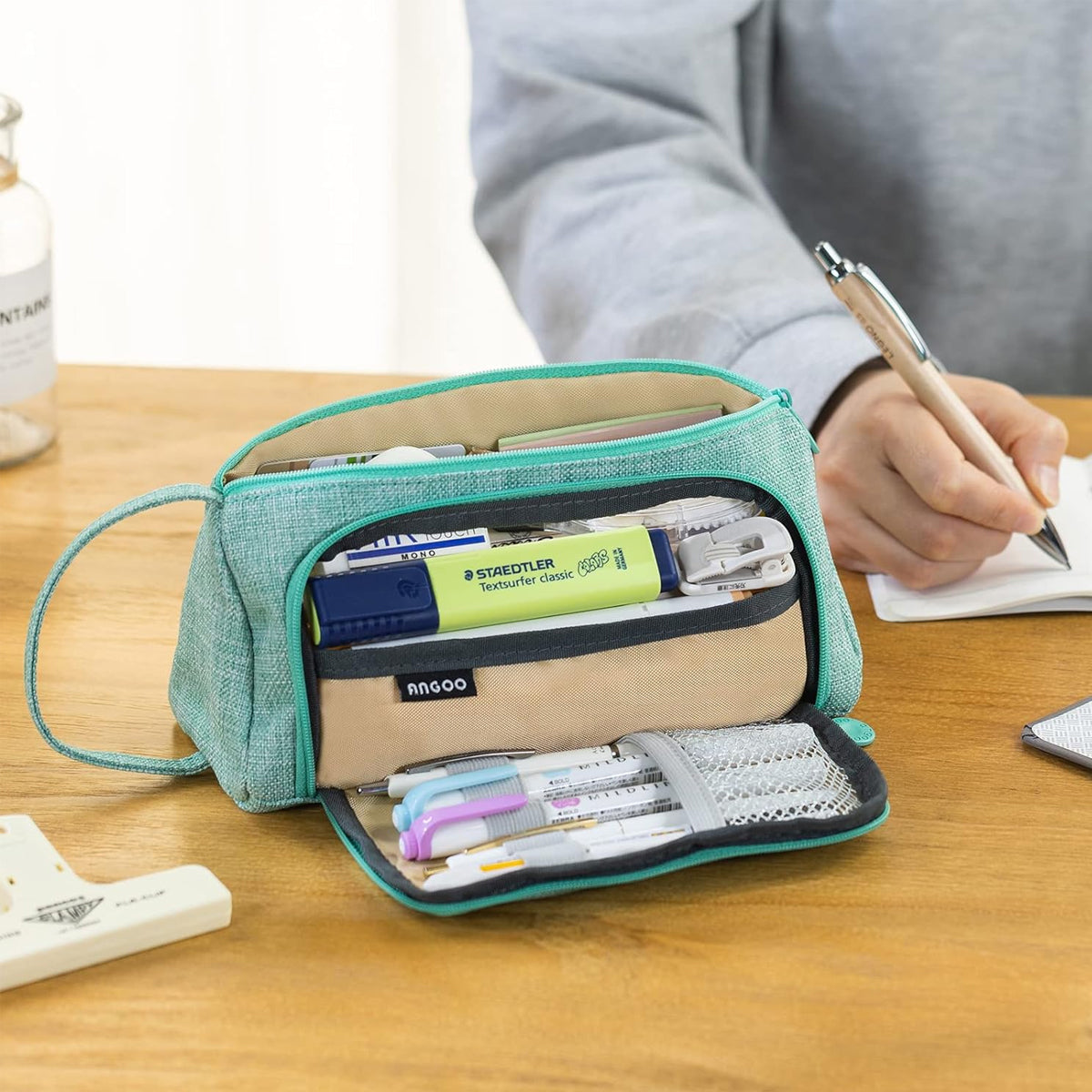 Pencil Case Large Capacity Cotton Linen with Mesh Pockets