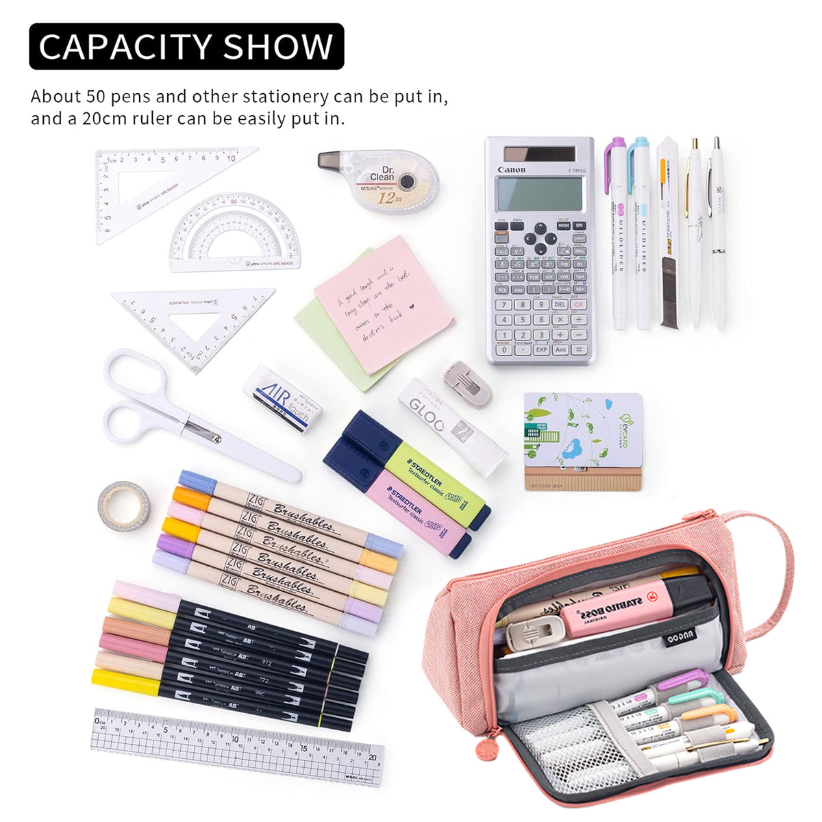 Pencil Case Large Capacity Cotton Linen with Mesh Pockets