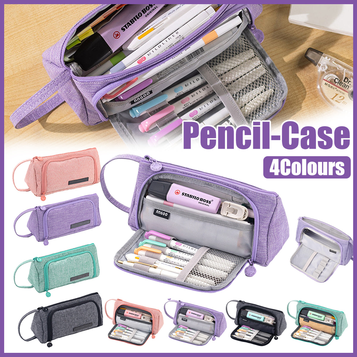 Pencil Case Large Capacity Cotton Linen with Mesh Pockets