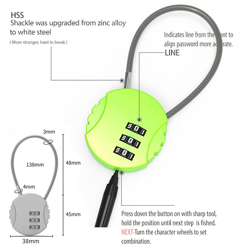 Combination Padlock 3 Digit Long Neck Luggage Lock for Bags and Lockers