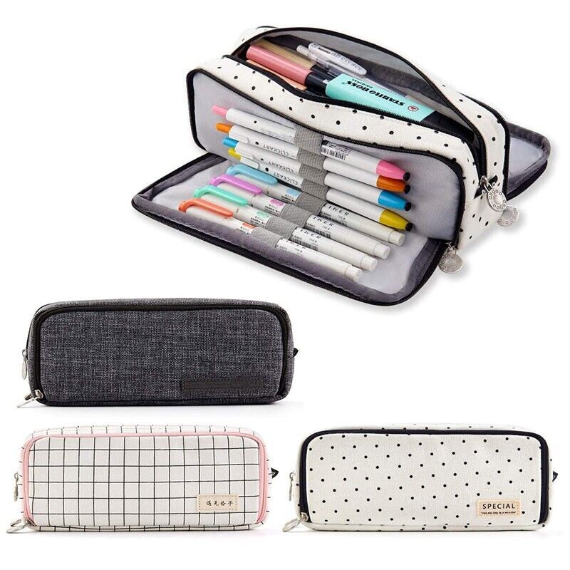 Zipper Pencil Case Large Capacity Canvas with 3 Compartments