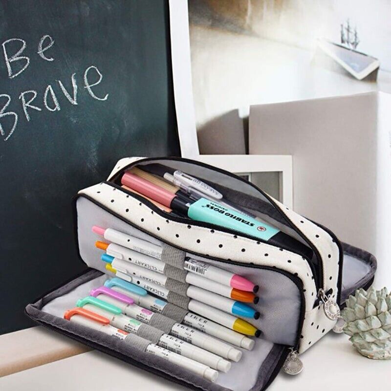 Zipper Pencil Case Large Capacity Canvas with 3 Compartments