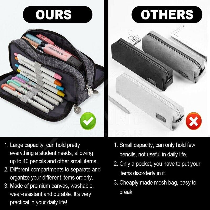 Zipper Pencil Case Large Capacity Canvas with 3 Compartments