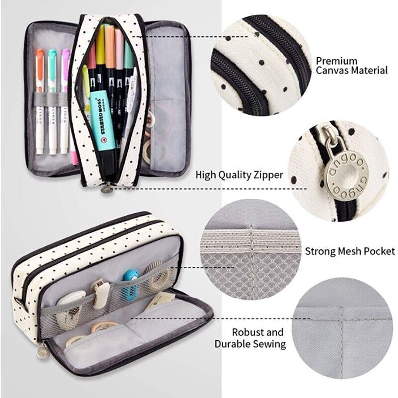 Zipper Pencil Case Large Capacity Canvas with 3 Compartments